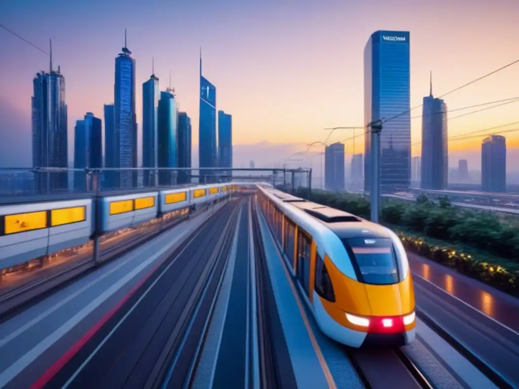 Metrópolis futurista: inversión inmobiliaria estratégica en auge Inversiones inmobiliarias en zonas migratorias: Ciudad futurista al anochecer con rascacielos iluminados y una calle urbana bulliciosa