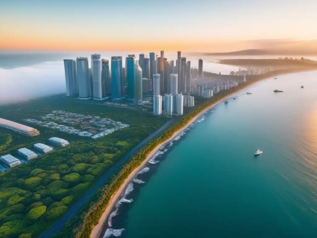 Contraste urbano: ciudad costera entre rascacielos y naturaleza exuberante Inversiones inmobiliarias en zonas propensas: Ciudad costera con rascacielos modernos entre vegetación exuberante