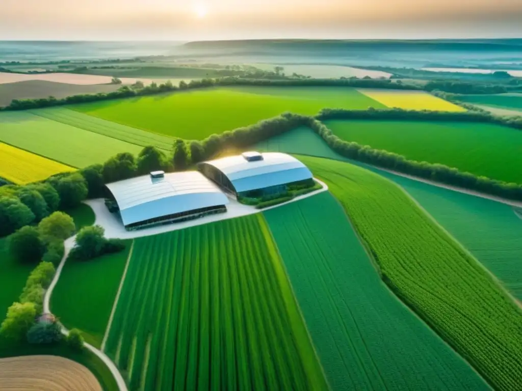 Edificio de vidrio en paisaje rural: fusión urbana en la naturaleza Inversiones inmobiliarias en zonas rurales: Edificio moderno en paisaje rural verde con ríos y cultivos, bajo una cálida puesta de sol