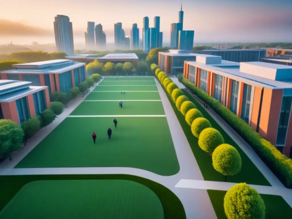 Universidad moderna en entorno urbano: vida estudiantil activa Inversiones inmobiliarias en zonas universitarias: Campus vibrante con estudiantes, cafés y áreas verdes, entre rascacielos modernos