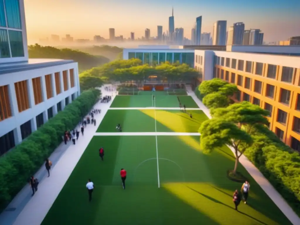 Vibrante campus universitario al atardecer Inversiones inmobiliarias en zonas universitarias: campus universitario vibrante con modernos edificios y estudiantes entre clases al atardecer