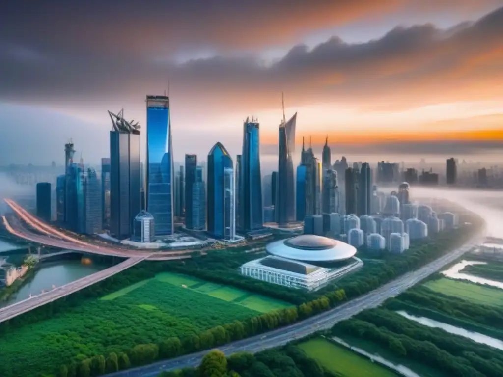 Horizonte urbano futurista: modernidad y naturaleza en armonía Inversiones inteligentes en el mercado inmobiliario: Ciudad moderna con rascacielos futuristas y espacios verdes