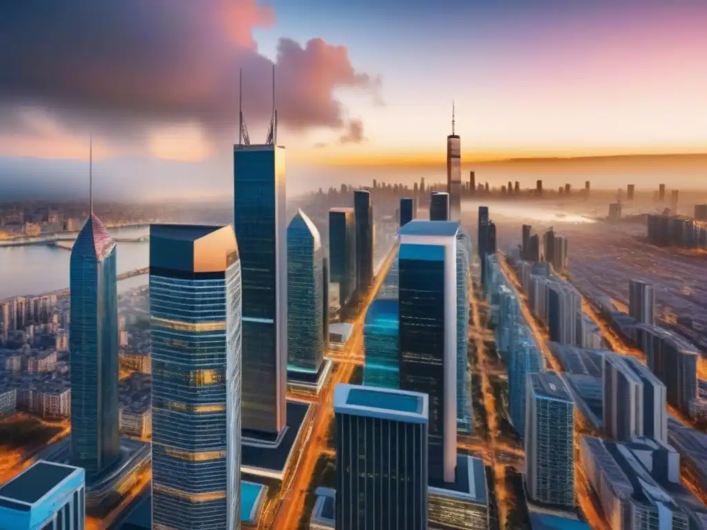 Inversores internacionales en mercado inmobiliario global Inversiones internacionales bienes raíces lecciones: Escena de mercado inmobiliario global con inversionistas y rascacielos modernos