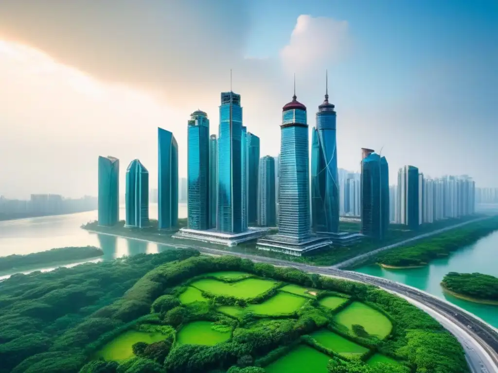 Metrópolis vibrante y verde: inversión inmobiliaria global Inversiones internacionales bienes raíces lecciones: Vista aérea impresionante de la ciudad con rascacielos y zonas verdes