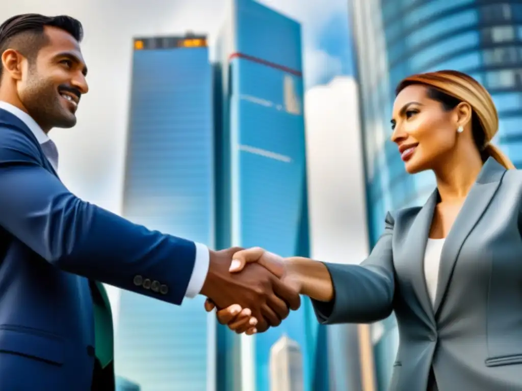 Inversionistas inmobiliarios globales celebran éxito en moderno rascacielos Inversiones internacionales bienes raíces lecciones: Grupo diverso de inversores exitosos frente a rascacielos moderno