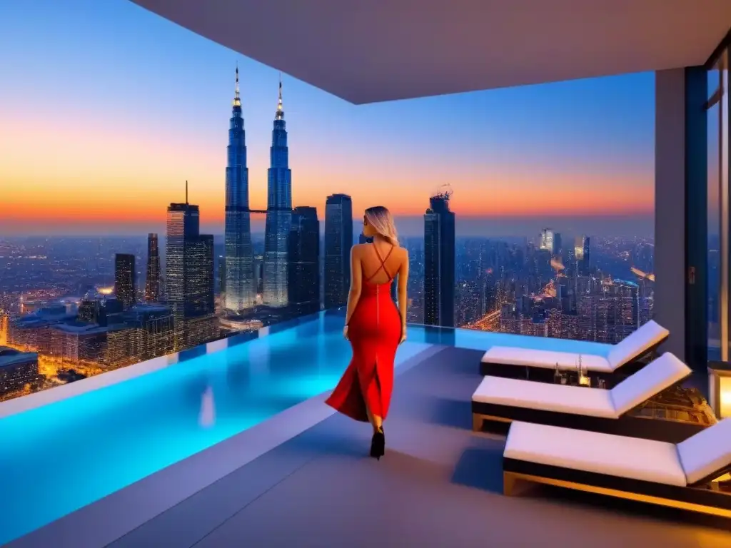 Penthouse de lujo con piscina privada y vista panorámica al atardecer Inversiones internacionales en bienes raíces: Penthouse moderno de lujo con piscina privada y vista panorámica de la ciudad al atardecer