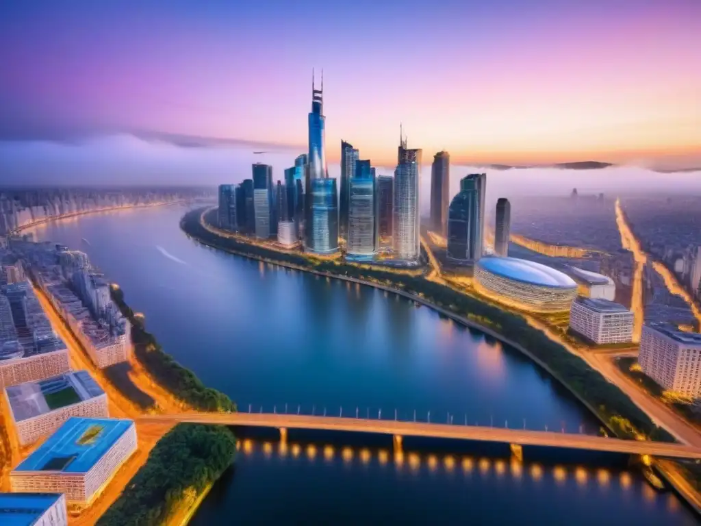 Horizonte urbano iluminado: inversión inmobiliaria global Inversiones internacionales en bienes raíces: Ciudad moderna iluminada al anochecer, reflejada en un río sereno