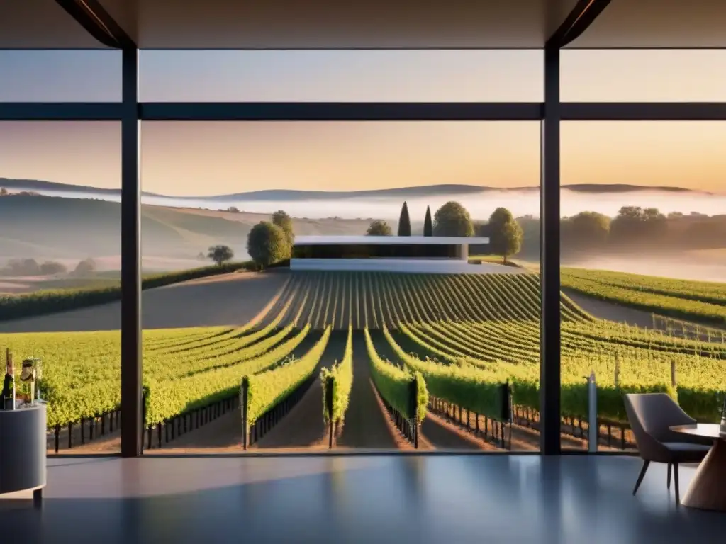 Viñedo vanguardista al atardecer: modernidad y elegancia Inversiones internacionales en bodegas: Bodega moderna al atardecer, diseño innovador y viñedos dorados