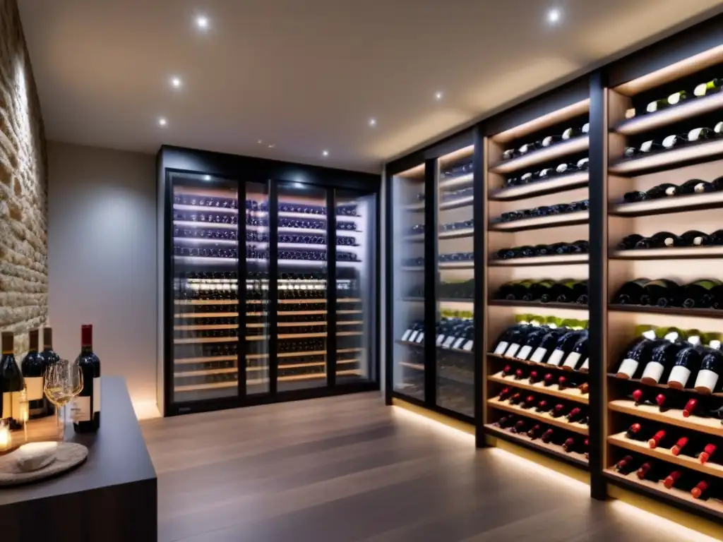 Bodega de vinos de lujo en viñedo contemporáneo Inversiones internacionales en bodegas: Bodega moderna y elegante con vinos de lujo y sofisticada iluminación ambiental