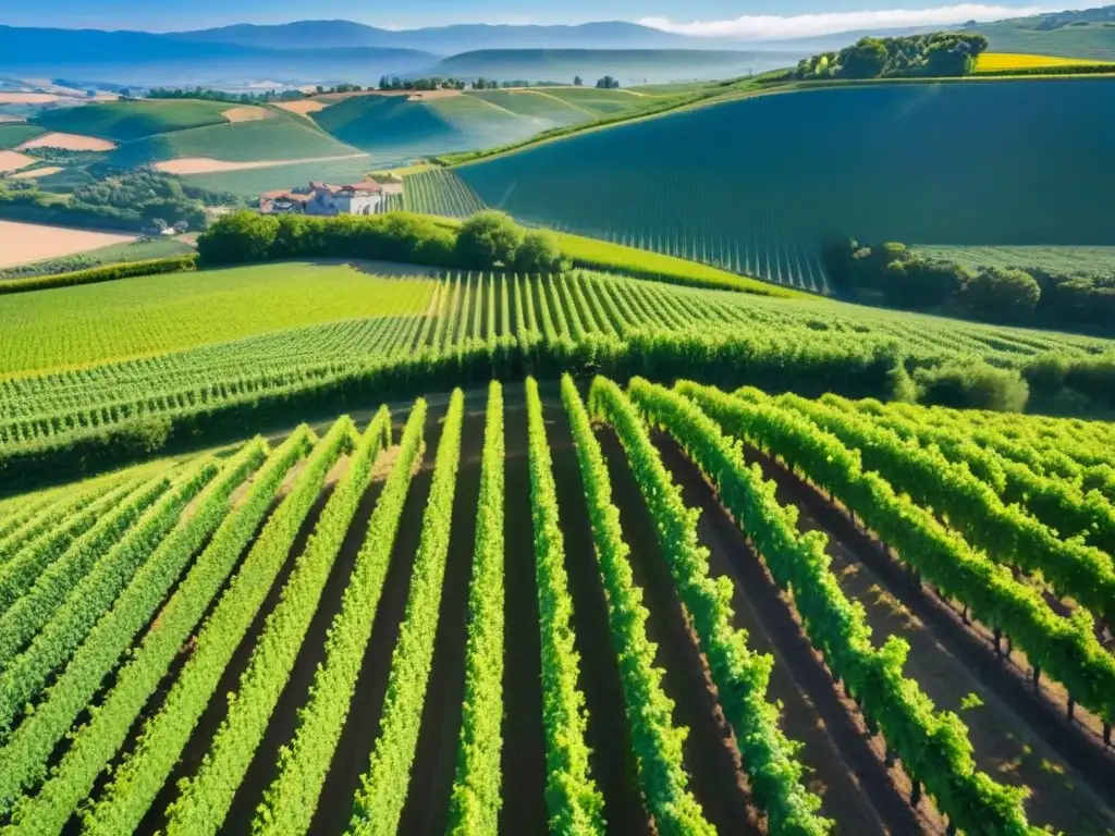 Viñedos infinitos bañados por el sol Inversiones internacionales en bodegas: Un paisaje de viñedos verdes bajo el sol, creando un patrón geométrico hipnotizante