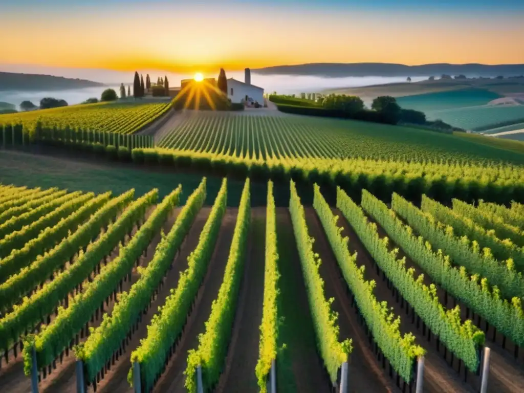 Viñedo moderno y sofisticado al atardecer: elegancia y precisión en 8k Inversiones internacionales en bodegas: Viñedo moderno bañado por la cálida luz del atardecer, trabajadores cuidando las vides