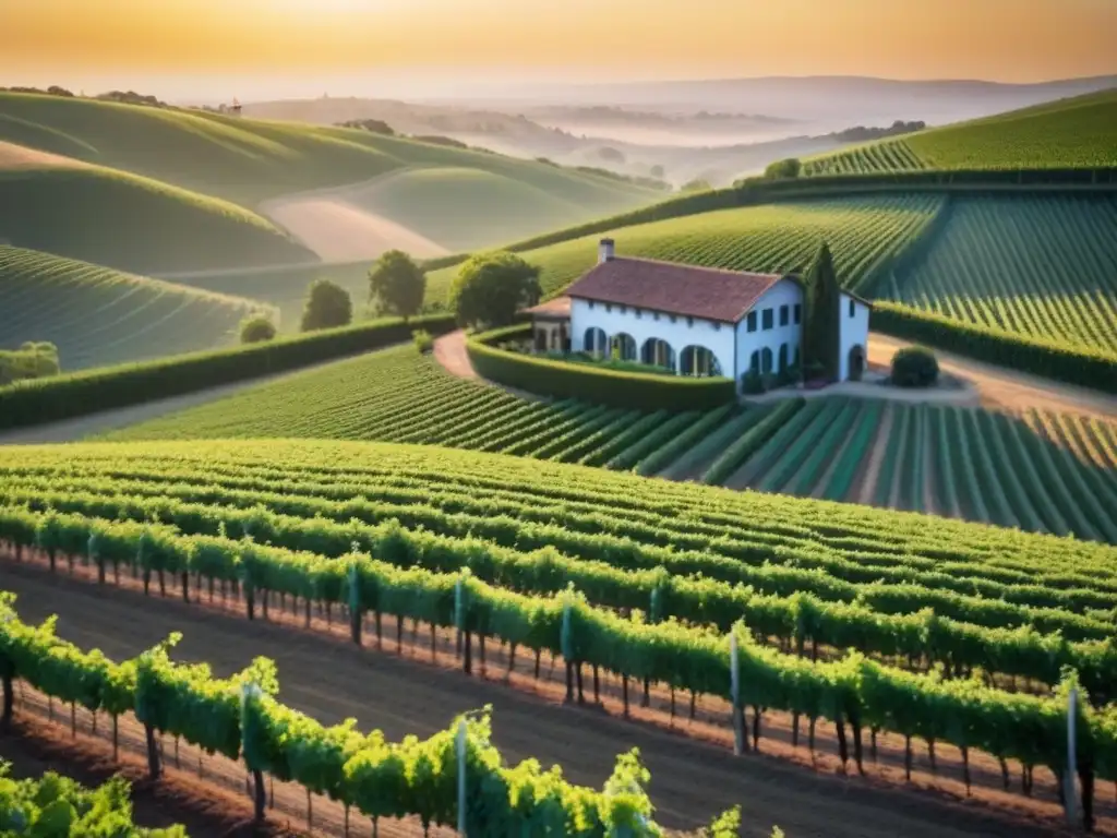Viñedo al atardecer: belleza dorada entre viñedos y bodega moderna Inversiones internacionales en bodegas: Viñedo al atardecer, con hileras de vides verdes bajo la cálida luz dorada