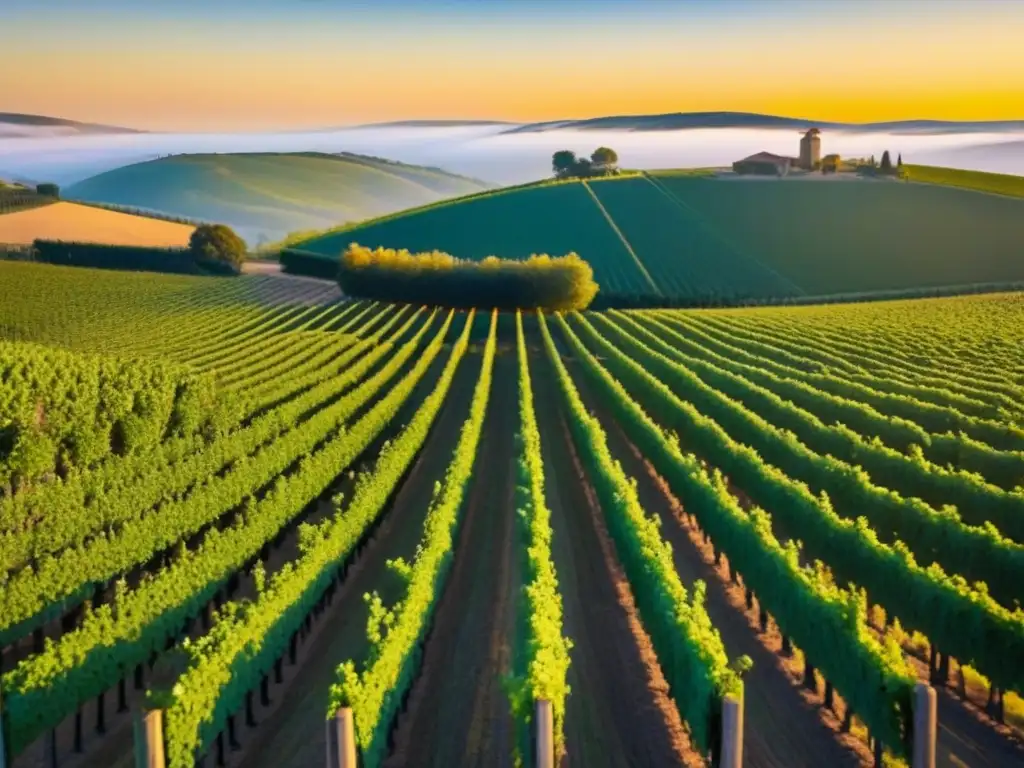 Viñedo de lujo al atardecer: inversión internacional en vinos Inversiones internacionales en bodegas: viñedos extensos, filas perfectas de uvas con el sol dorado, elegancia y promesa en el horizonte