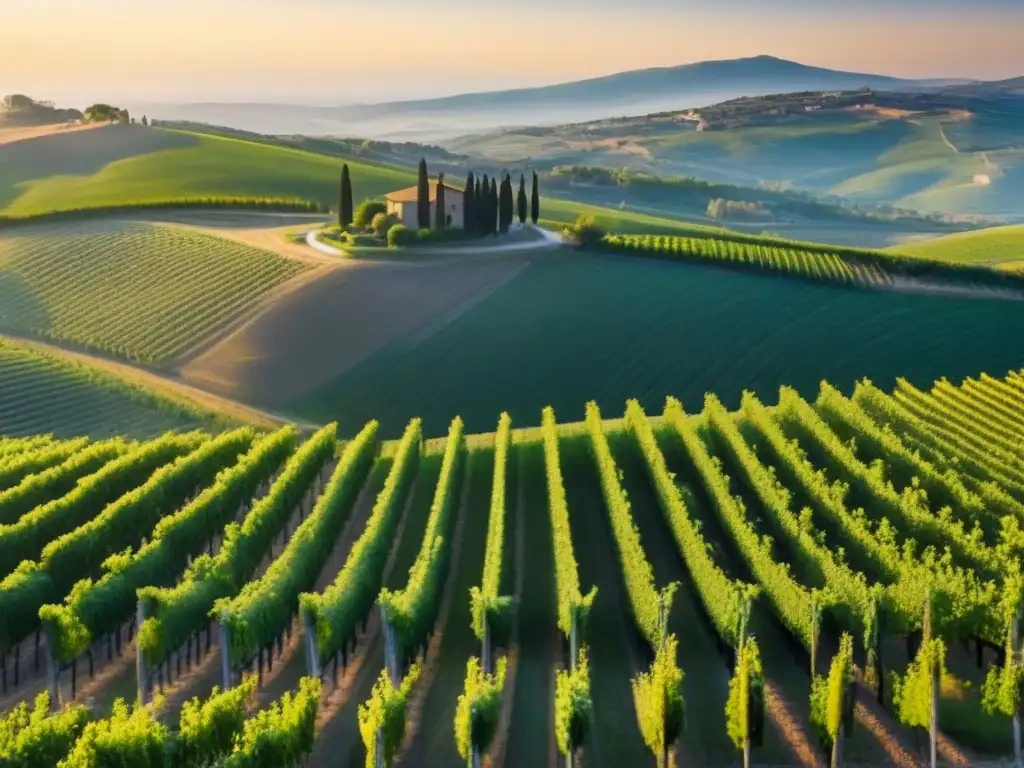 Viñedos de Toscana al atardecer: inversión prometedora Inversiones internacionales en bodegas: Viñedos de Toscana bañados por la cálida luz del atardecer, creando un paisaje cautivador