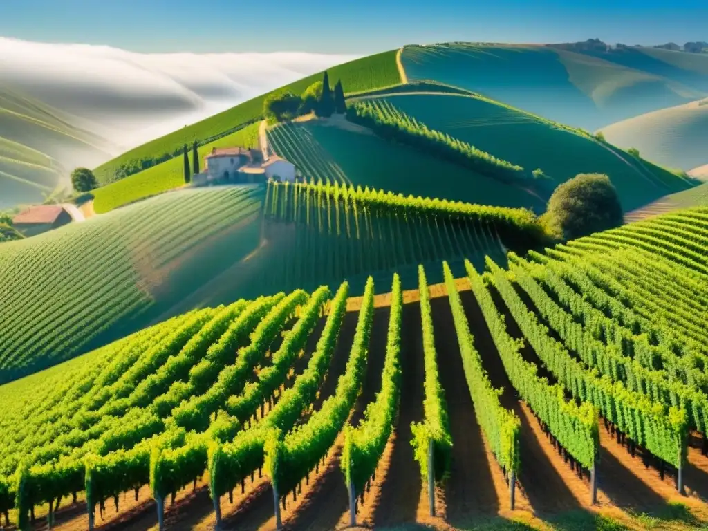 Viñedos exuberantes en paisaje sereno Inversiones internacionales en bodegas: Viñedos verdes interminables, sol brillante en hojas de uva, bodega moderna en colinas