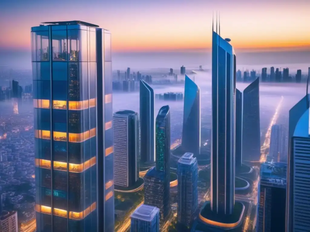 Metrópolis futurista: tecnología y naturaleza en armonía al atardecer Inversiones internacionales en PropTech: Ciudad futurista con edificios de alta tecnología y vehículos voladores al atardecer