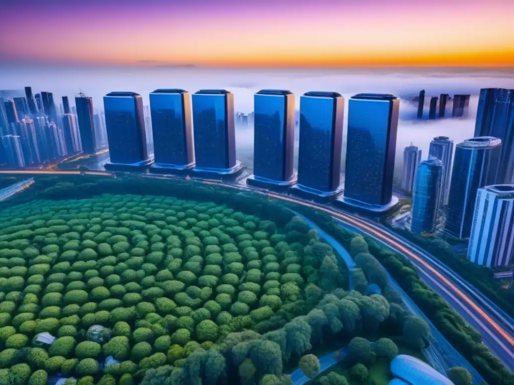 Metrópolis futurista con PropTech y blockchain en atardecer vibrante Inversiones internacionales en PropTech: Ciudad futurista con rascacielos digitales y tecnología blockchain en atardecer vibrante