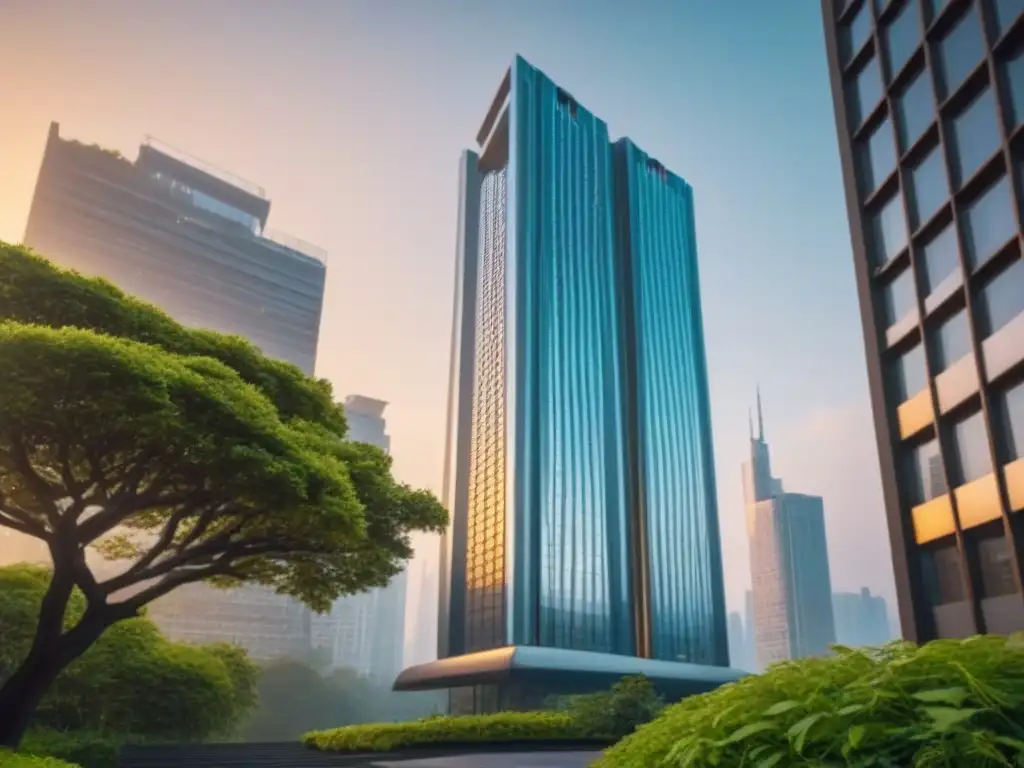 Edificio de lujo: modernidad y sofisticación urbana al atardecer Inversiones internacionales en PropTech: Edificio moderno de cristal en la ciudad al atardecer, reflejando el skyline