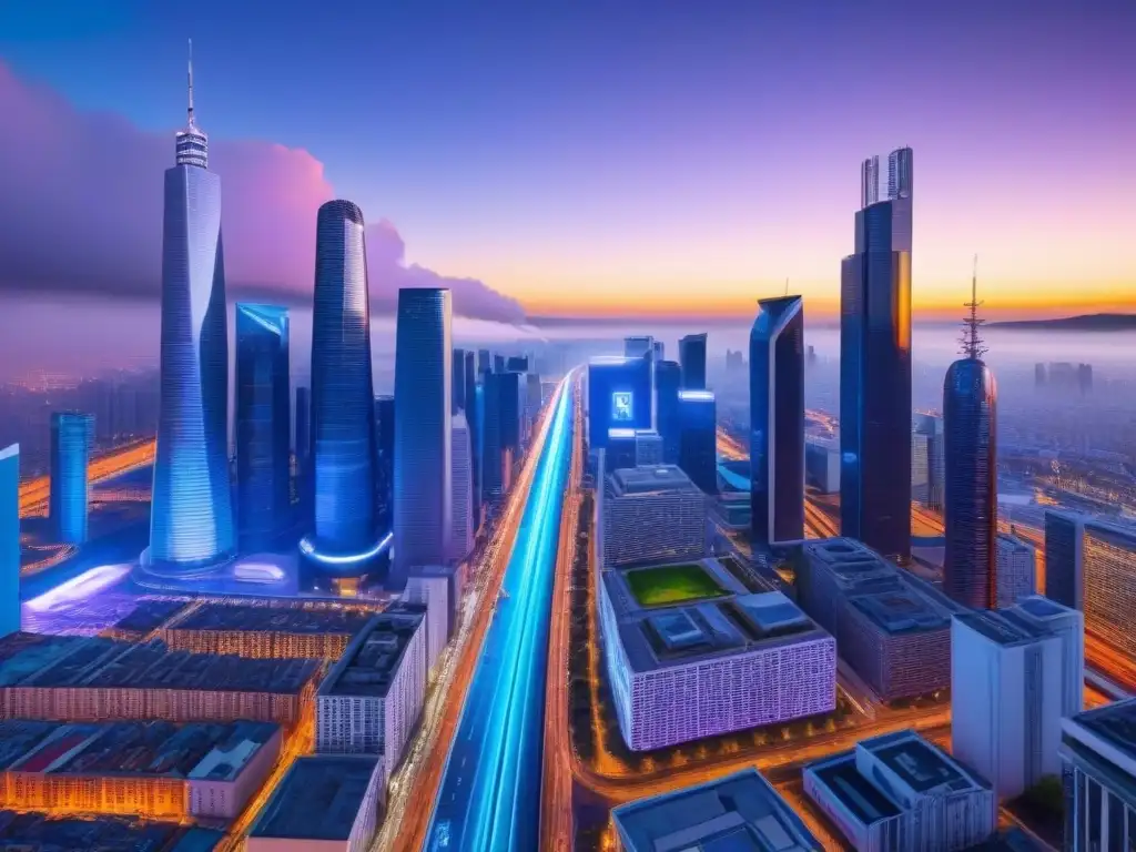 Metrópolis futurista: luces neon y tecnología IoT transforman la ciudad Inversiones internacionales IoT: Ciudad futurista con rascacielos reflectantes iluminados por luces neón, autos autónomos y drones en el aire