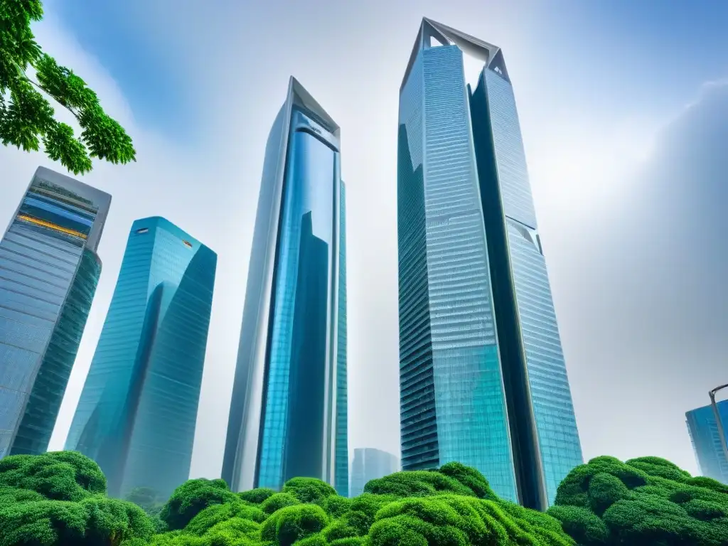 Rascacielos futurista: inversión PropTech innovadora y sostenible Inversiones internacionales en PropTech: Imagen detallada de un rascacielos futurista rodeado de exuberante vegetación, fusionando tecnología y naturaleza