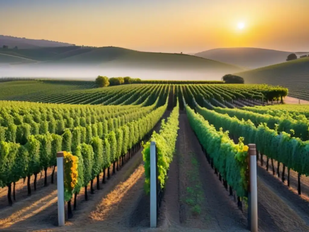 Viñedo al amanecer: fusión de tradición e innovación Inversiones vinícolas internacionales rentables: Viñedo exuberante al amanecer con moderna bodega de alta tecnología
