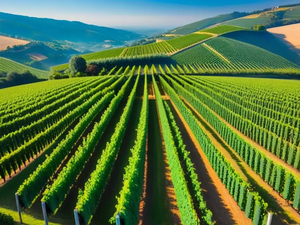 Vinedos majestuosos: inversión en vinos Inversiones vinícolas internacionales rentables: Viñedos exuberantes en colinas, vides verdes y moderna bodega en escena elegante y próspera
