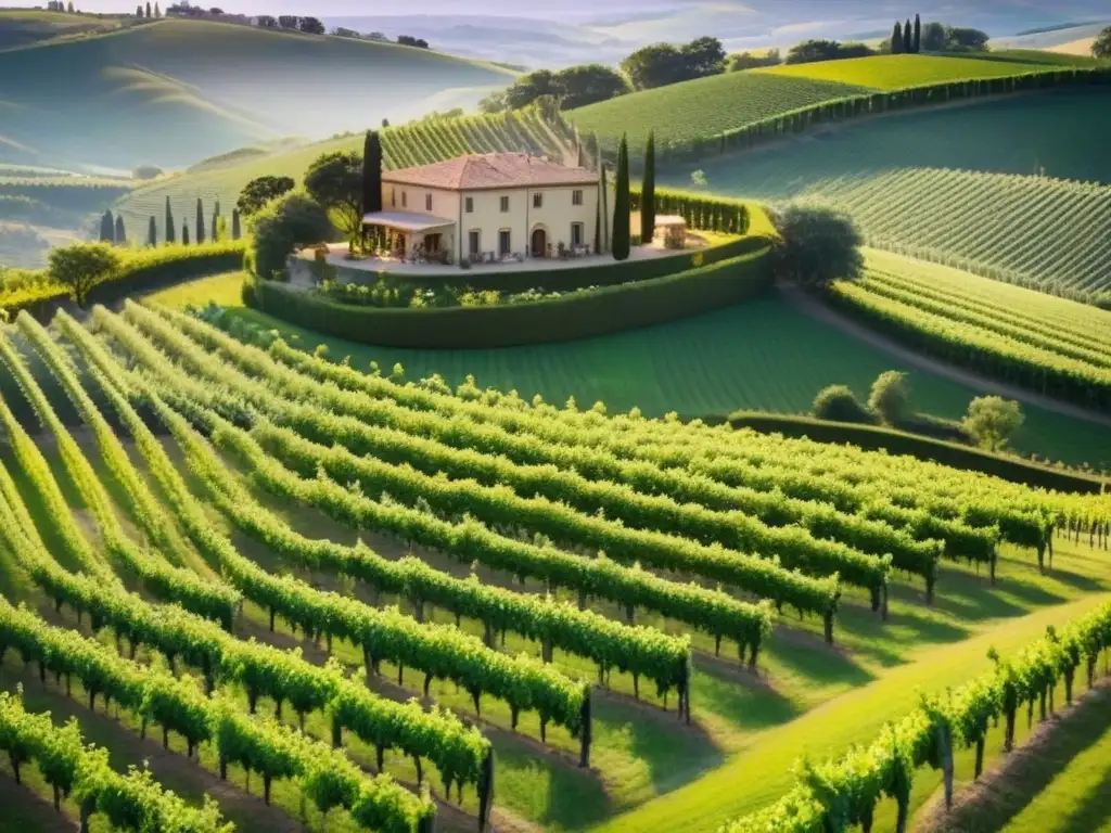 Viñedo de lujo en Toscana: inversión rentable y belleza natural Inversiones vinícolas internacionales rentables: Vista aérea detallada de una finca vinícola en las colinas de la Toscana al atardecer