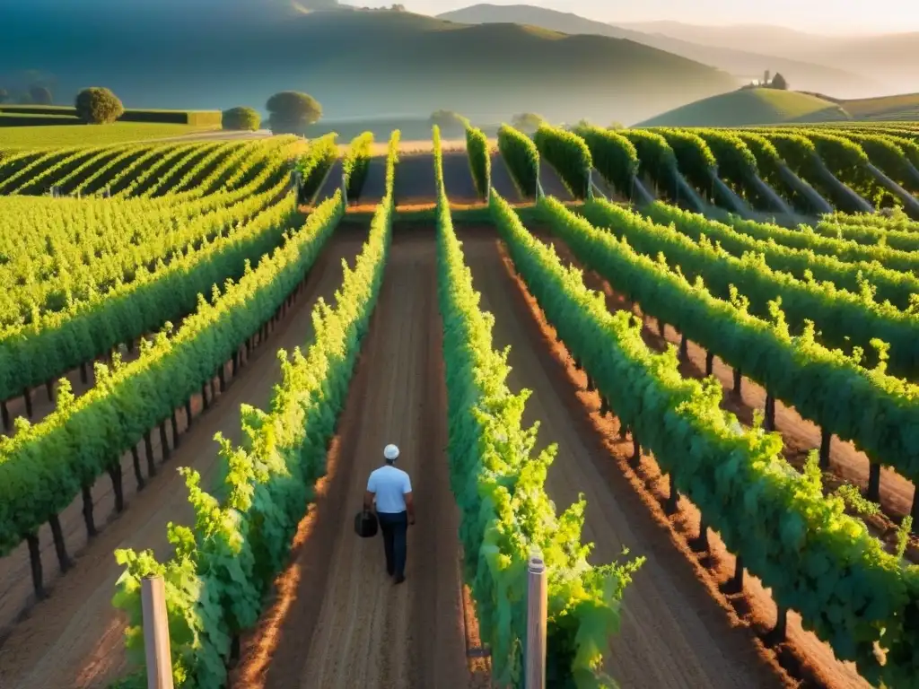 Viñedo dorado al atardecer: tradición e innovación en el arte del vino Inversiones internacionales en viñedos: Viñedo vasto y ordenado al atardecer, trabajadores cuidando uvas con precisión