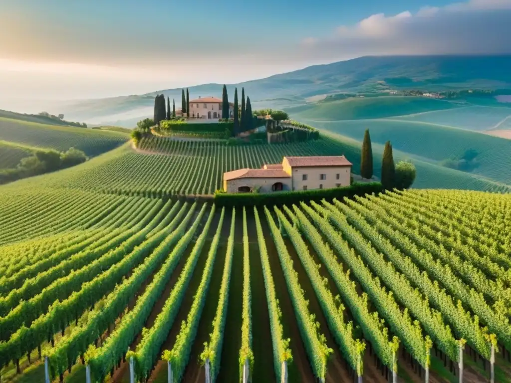 Vinedo de lujo en Toscana: geometría verde y terracota Inversiones internacionales en viñedos: Viñedo de lujo en Toscana al atardecer