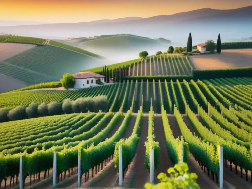 Viñedo de lujo al atardecer: filas de uvas en colinas Inversiones internacionales en viñedos: Viñedo exuberante al atardecer, con filas de vides verdes y bodega elegante