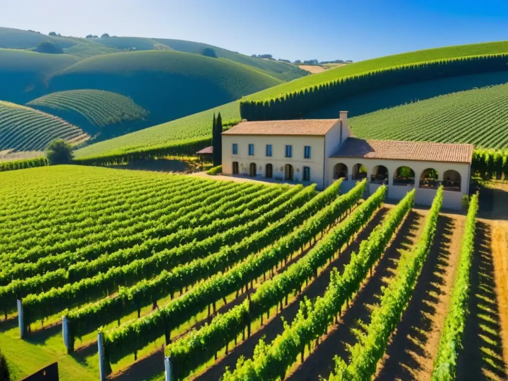 Viñedos exquisitos y moderna bodega, elegancia en el sector vitivinícola Inversiones internacionales en viñedos: Viñedos verdes y moderna bodega bajo el sol, equipo trabajando en las vides