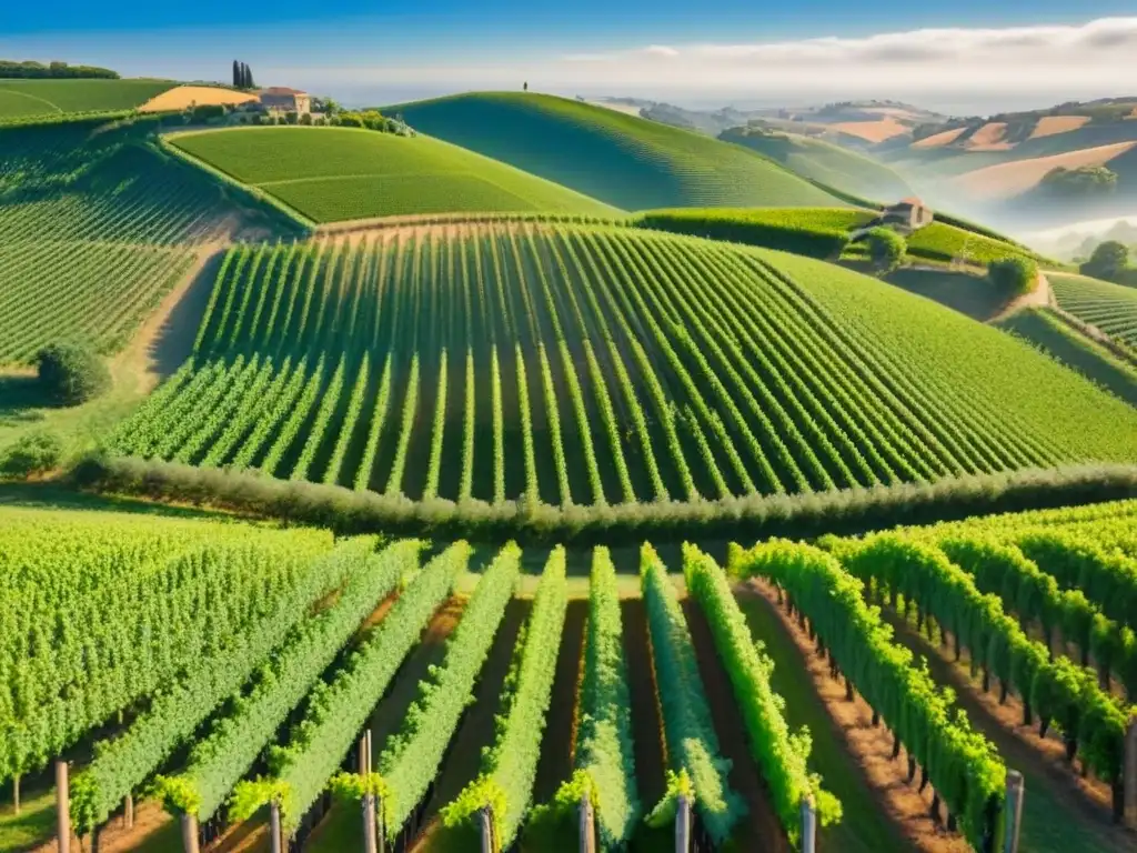 Viñedos exquisitos y bodega moderna: éxito en inversiones vitivinícolas Inversiones internacionales en viñedos: Vista aérea de viñedos exuberantes bajo el sol, con una bodega moderna al fondo