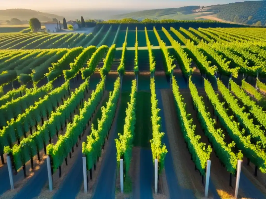 Viñedo próspero y sofisticado bajo el cielo azul Inversiones internacionales en viñedos: Vista aérea de un viñedo exuberante bajo un cielo azul, con hileras de uvas y una bodega moderna al fondo