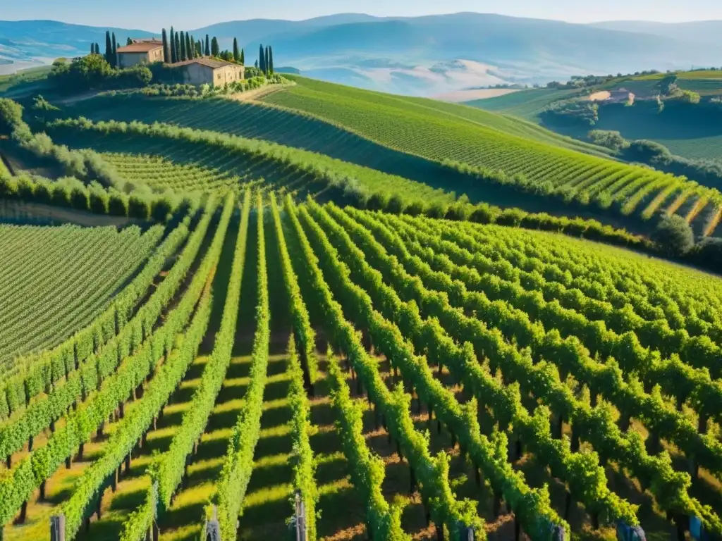 Viñedo de Toscana: Perspectiva aérea ultra detallada Inversiones internacionales en viñedos: vista aérea detallada de un viñedo en las colinas de la Toscana, con filas de vides verdes bajo el sol