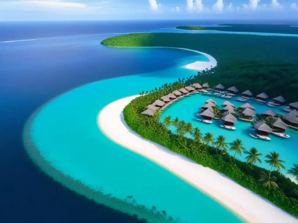 Paraísos Privados: Exclusividad y Opulencia en Isla Privada Inversiones islas privadas consideraciones legales: Vista aérea de isla privada lujosa con villas, piscinas y playa paradisíaca