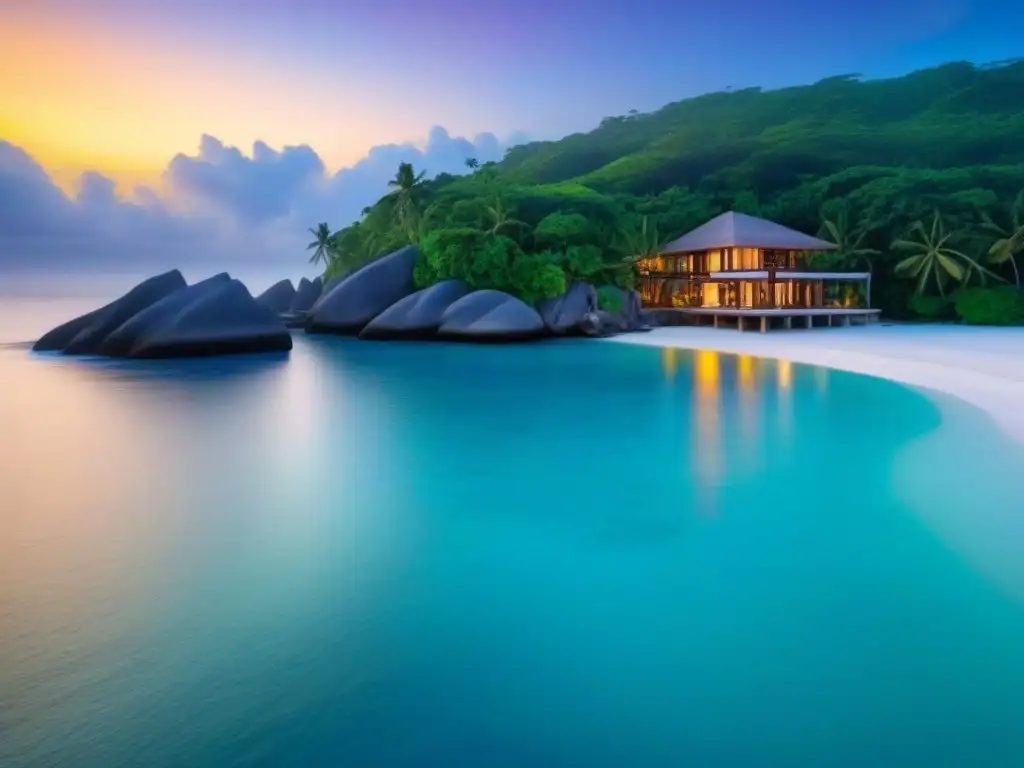 Villa de lujo en isla privada: atardecer dorado y exclusividad Inversiones islas privadas consideraciones legales - Villa moderna en isla privada de lujo al atardecer, rodeada de aguas turquesa