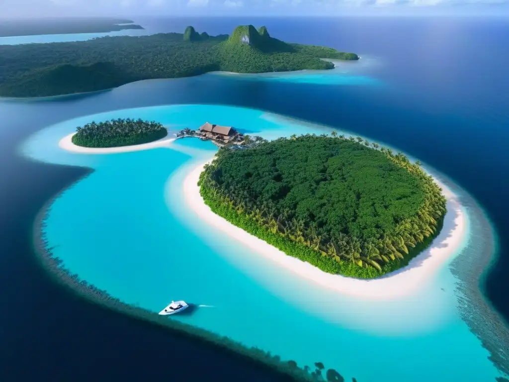Paraíso Privado: Mansión de Lujo en Isla Tropical Inversiones en islas privadas exclusivas: Una mansión lujosa rodeada de aguas turquesa y jardines tropicales al atardecer