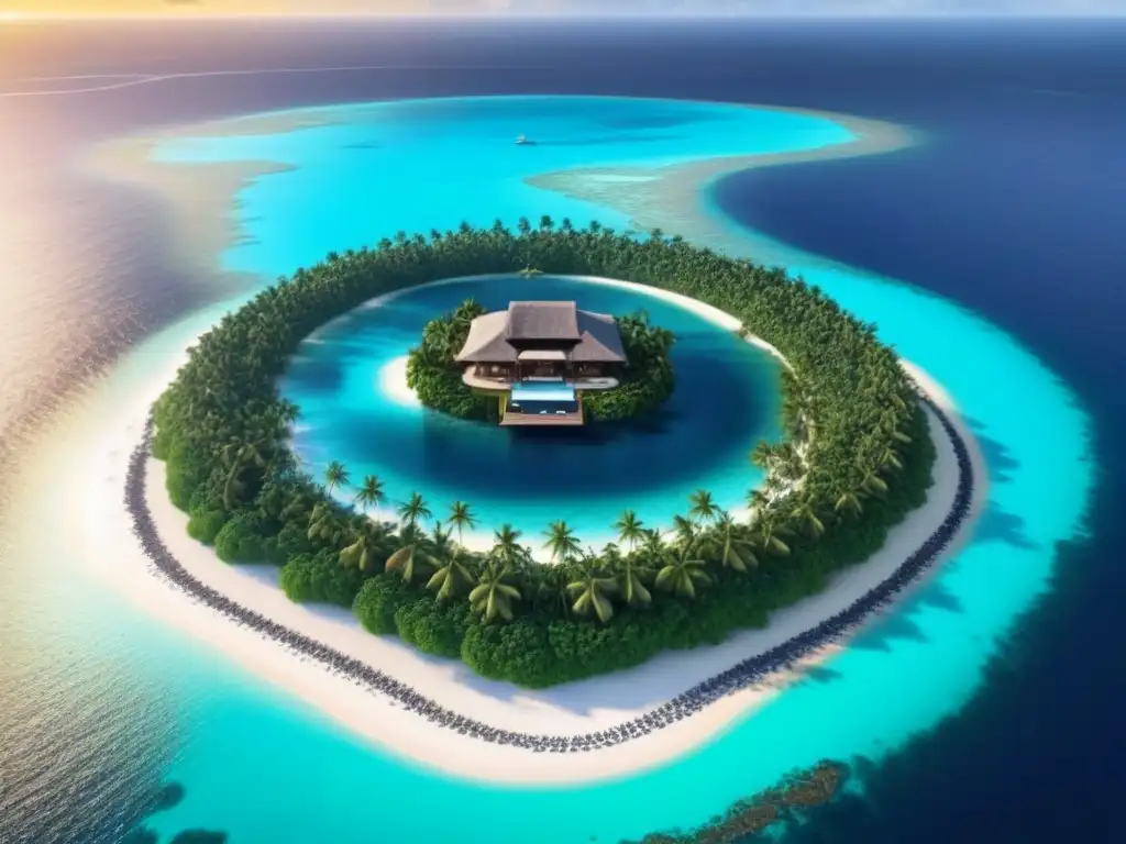 Exclusiva isla privada de lujo al atardecer: 8k Inversiones en islas privadas exclusivas: Una isla privada de lujo con villas modernas, piscinas infinitas y helipuerto al atardecer