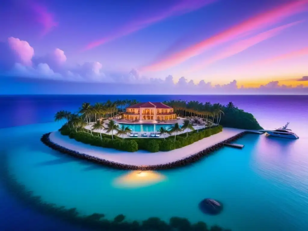 Paraíso privado de lujo al atardecer: mansión moderna en isla exclusiva Inversiones en islas privadas exclusivas: Mansión moderna en isla privada al atardecer, rodeada de lujo y naturaleza exuberante