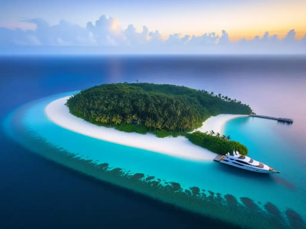 Paraíso privado: isla de lujo con aguas turquesa y villas extravagantes Inversiones en islas privadas exclusivas: Un paraíso de lujo con villas, playa y yate en aguas turquesas al atardecer