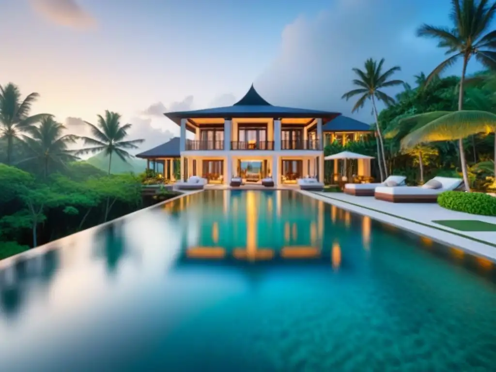 Paraísos privados de lujo: mansión moderna en isla exclusiva Inversiones en islas privadas exclusivas: Mansión moderna con piscina infinita y helipuerto en paraíso tropical al atardecer