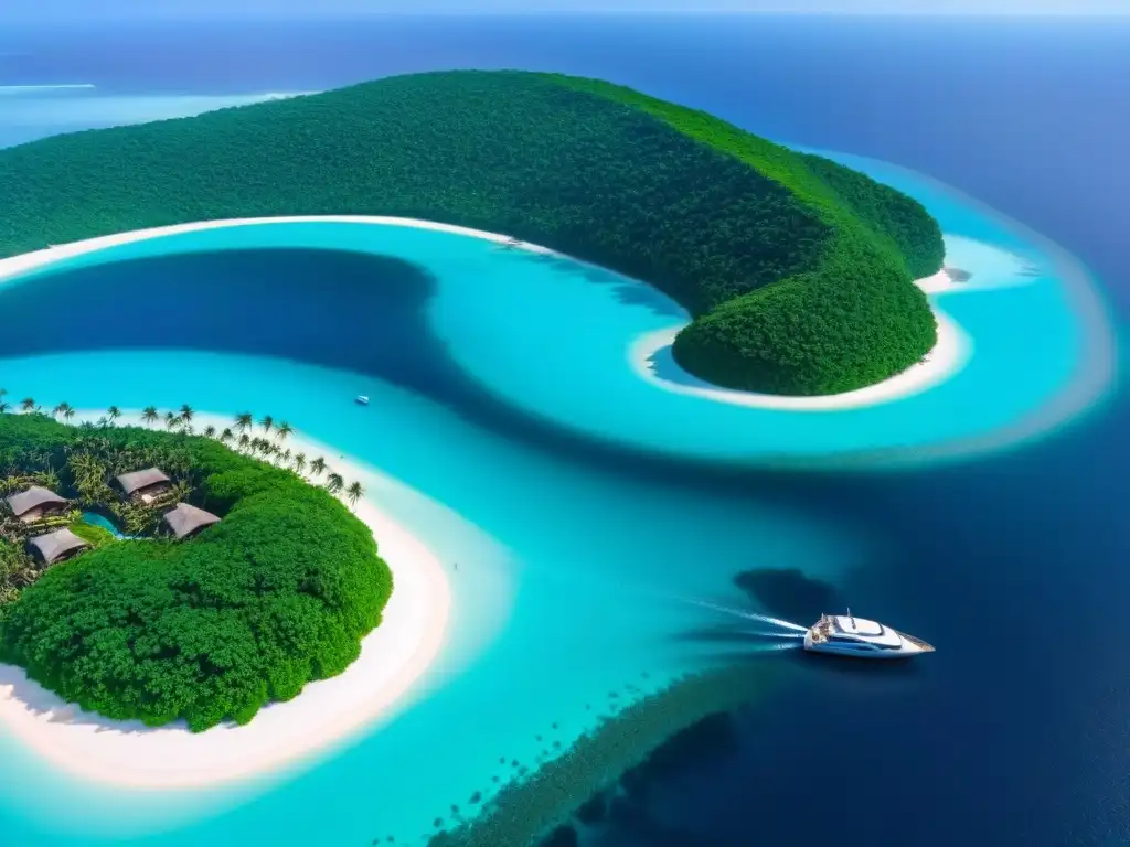 Paraísos privados: isla exclusiva con lujo y elegancia Inversiones en islas privadas exclusivas: vista aérea detallada de una isla privada de lujo con villas elegantes y aguas turquesas cristalinas