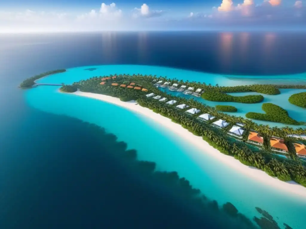 Inversiones en islas privadas internacionales: Atardecer dorado en un paraíso exclusivo con villas lujosas y aguas cristalinas
