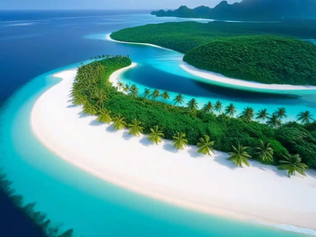 Paraíso exclusivo: isla privada de lujo rodeada de aguas turquesas Inversiones en islas privadas internacionales: Vista aérea de una isla privada de lujo con aguas turquesas, playas blancas y vegetación exuberante