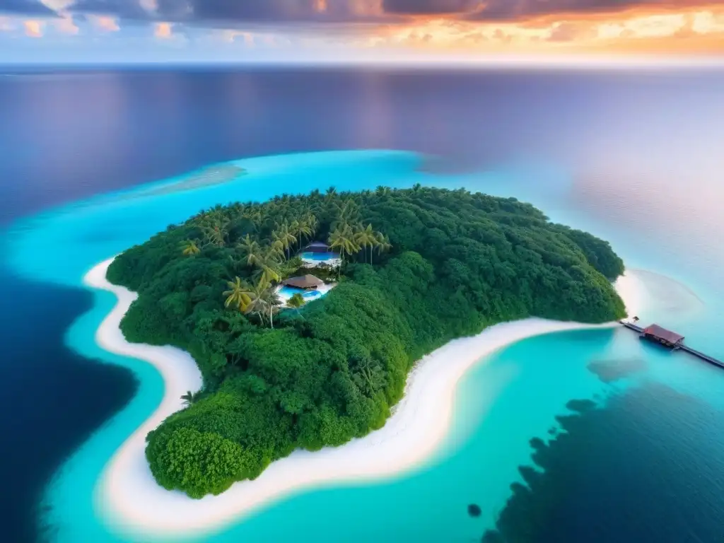 Paraíso privado de lujo: isla exclusiva con atardecer dorado Inversiones en islas privadas internacionales: Vista aérea de isla privada de lujo con aguas turquesas, villas lujosas y atardecer dorado