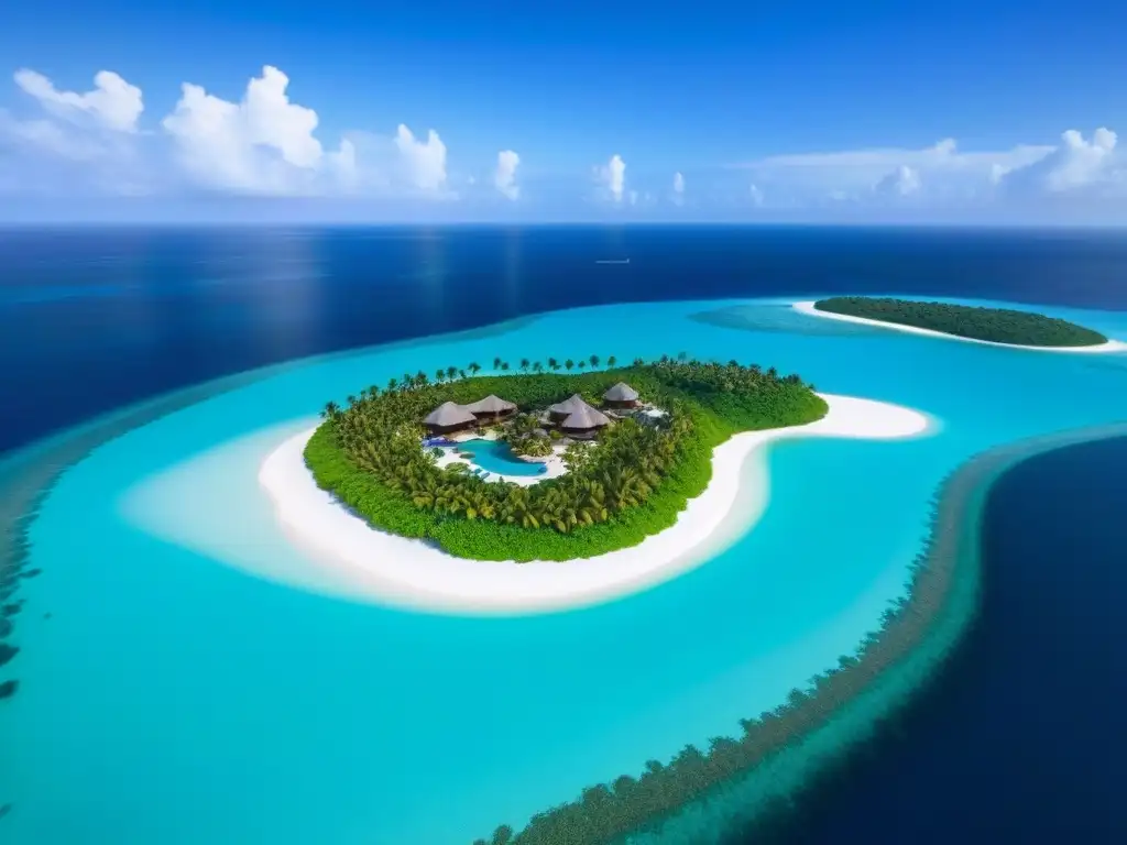Isla privada de lujo: para inversionistas exclusivos Inversiones en islas privadas internacionales: Vista aérea de isla privada de lujo con aguas turquesas, playas blancas y amenidades exclusivas