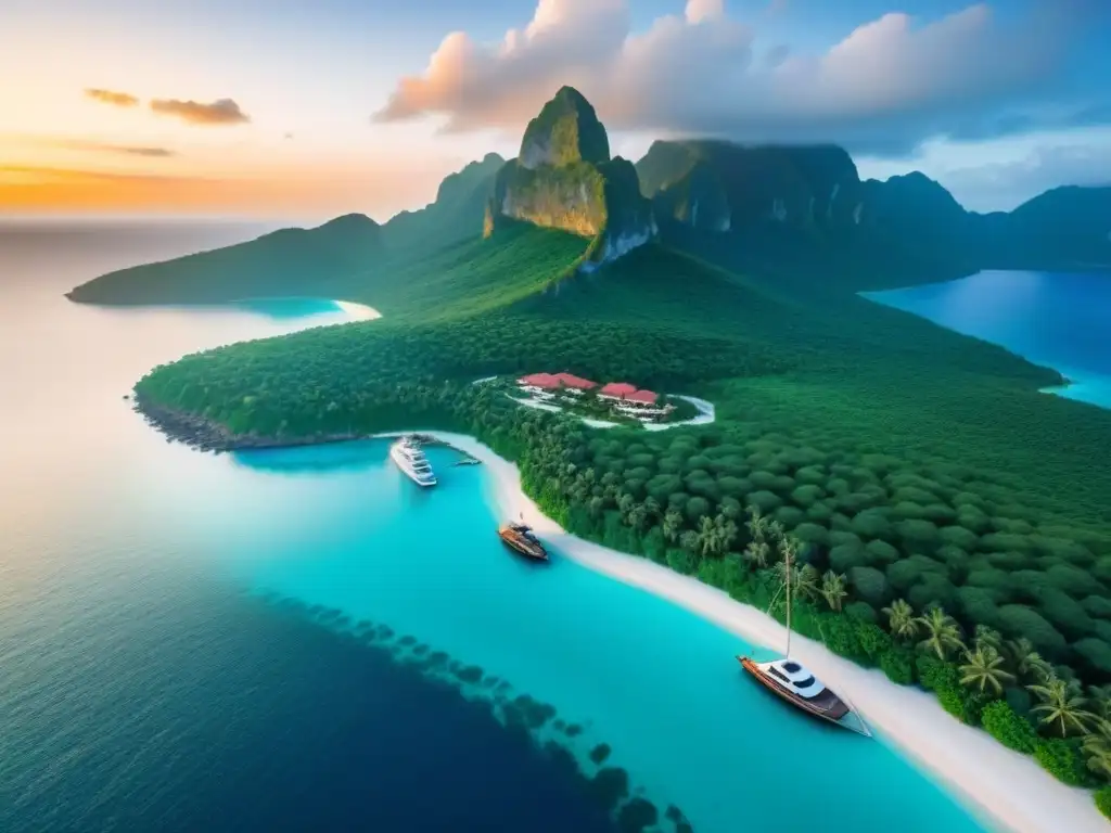 Paraíso privado: isla de lujo con aguas turquesas y villas modernas Inversiones en islas privadas internacionales: Paraíso tropical con villas de lujo, aguas turquesa y atardecer vibrante