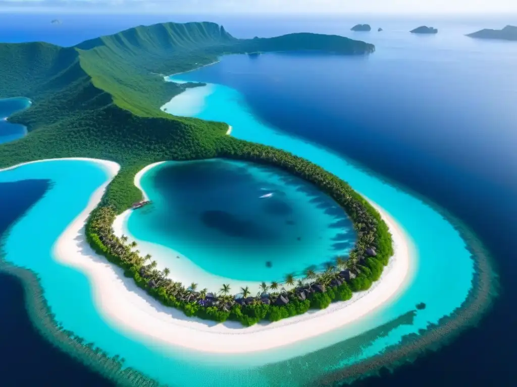 Inversiones en islas privadas internacionales: lujosa isla privada con aguas turquesa y villas elegantes