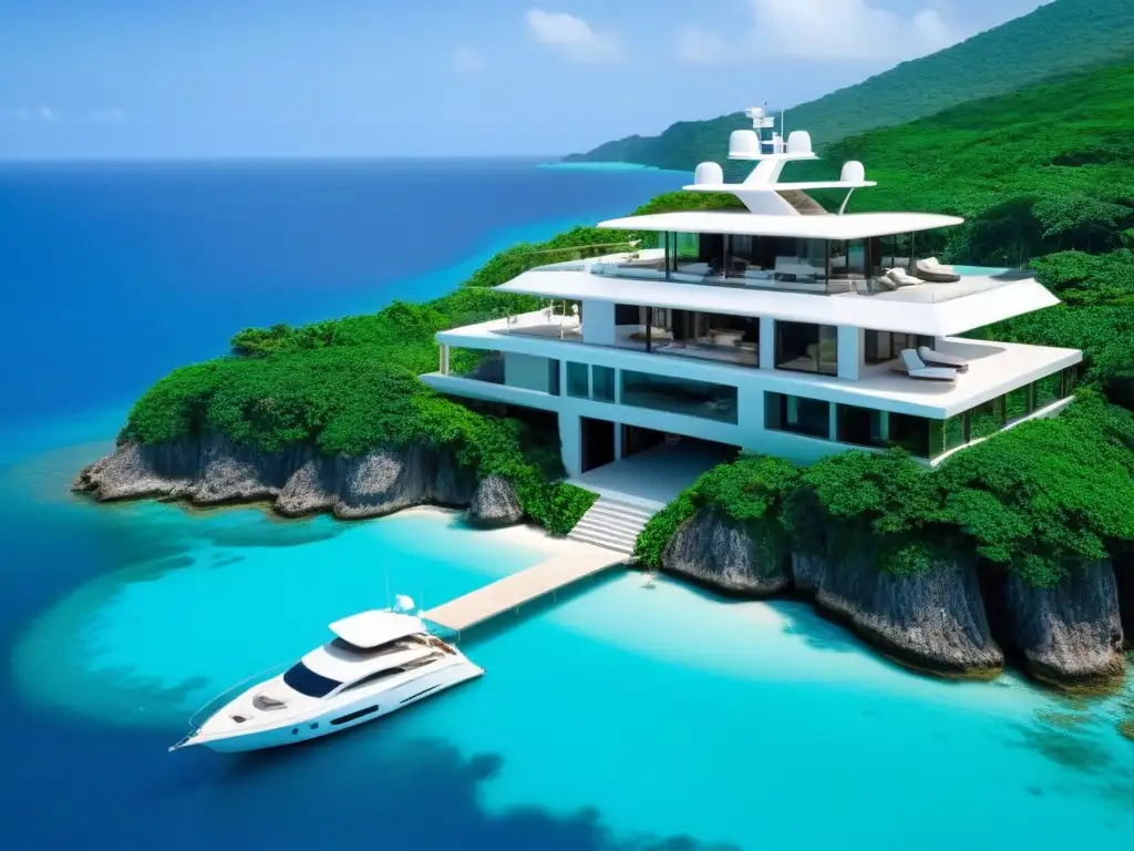 Inversiones en islas privadas internacionales: Villa moderna en acantilado con vista al mar y lujos exclusivos