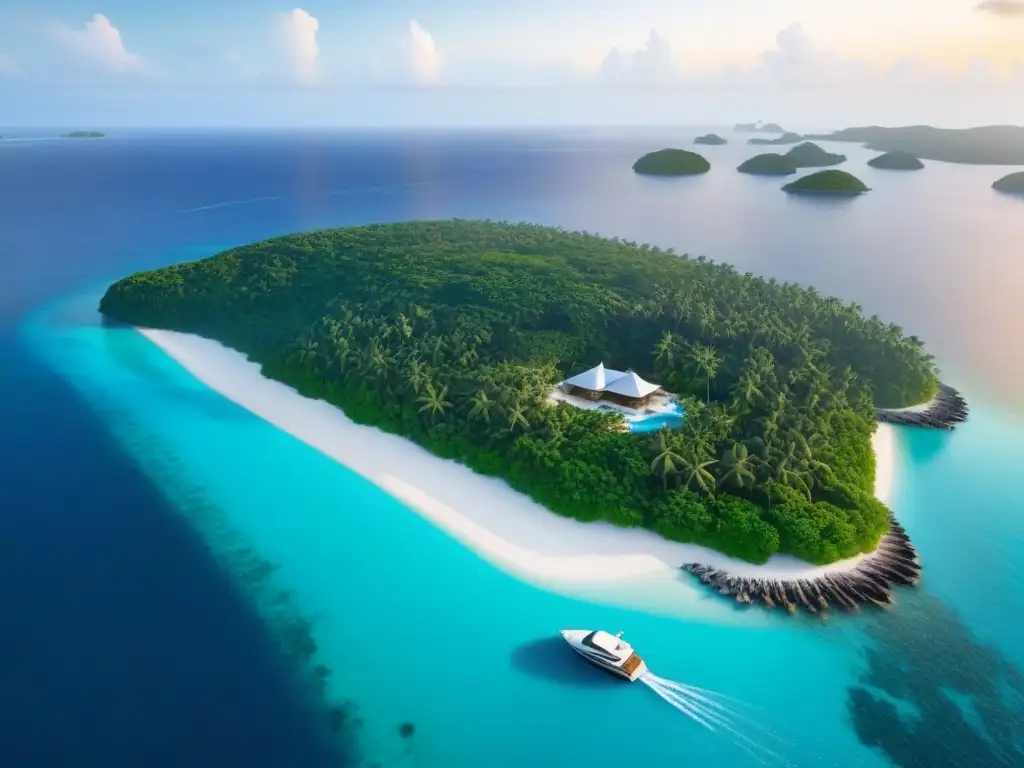 Isla privada de lujo: arquitectura moderna en paraíso tropical Inversiones en islas privadas internacionales: Atardecer en isla privada de lujo con aguas turquesas y arquitectura moderna
